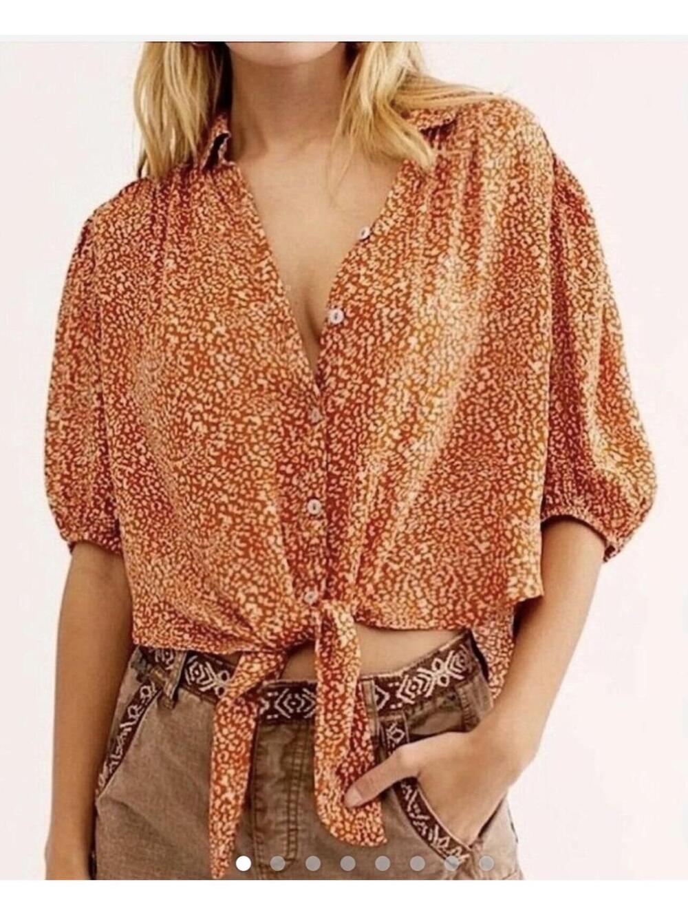 Free People Celia Top Womens M Orange Animal Print Tie Front Puff Sleeve Boho